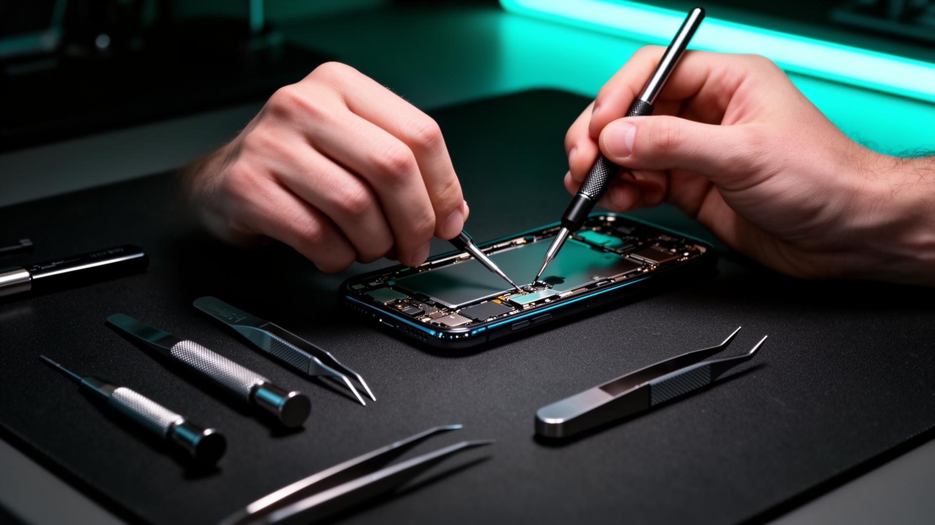 Técnico realizando reparo de smartphone em bancada premium